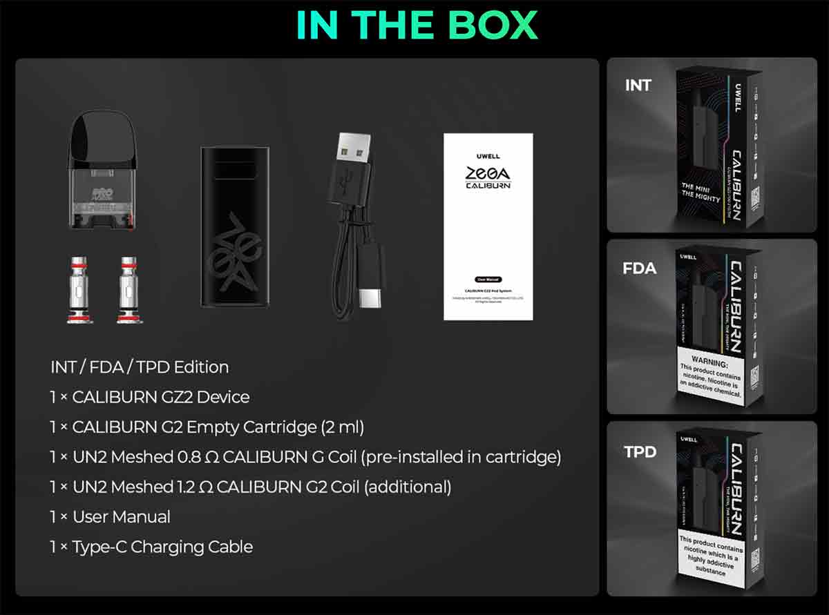 Uwell Caliburn GZ2 Pod System - Package Contents